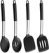 P&P CHEF Black Kitchen Cooking Utensil Set of 4, Silicone Solid Spatulas Slotted Spoons Turners for Non-stick Cookware Flipping Mixing, Heat-proof...