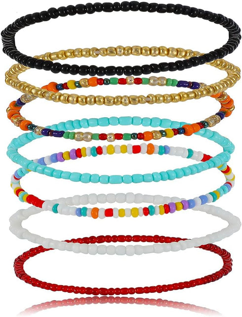 Pingyongchang Boho Handmade Beads African Anklets Set Layered Beach Colorful Stretch Beaded Elastic Foot Hand Chain Anklets Bracelets for Women Je...
