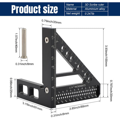 Carpenter Square Hole Position Scribing Ruler, 3D Woodworking Square Multi Angle 22.5-90 Degree Measuring Ruler with Angle Pin Versatile Speed Squ...