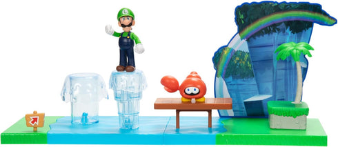 Super Mario Sparkling Waters Action Figures Playset Includes 2.5 Inch Luigi & Red Huckit Crab with Interactive Pieces...
