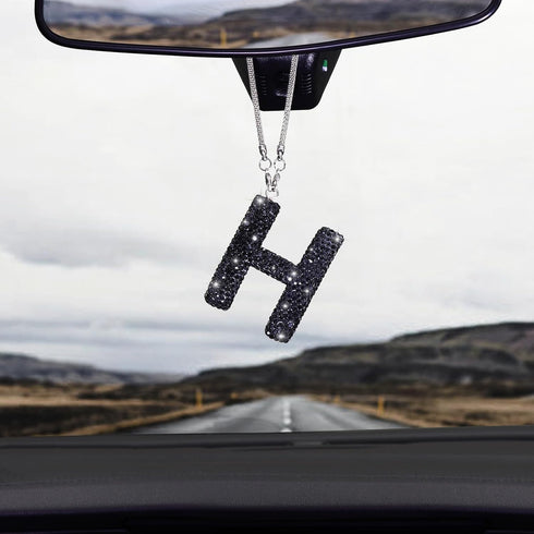 ToBeQueen Black Bling Letter H Charm, Diamond Crystal Rhinestone Bling Rear View Mirror Charm, Cute Lucky Hanging Ornament Black Bling Car Accesso...