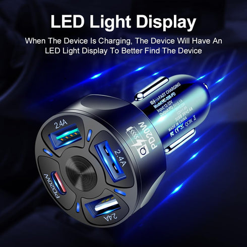 4 Port USB Fast Charging Cigarette Light Car Charger 3 * 2.4 A USB/ 1 PD20W LED Light Compatible with Tablets Cameras iPhone 14 13 12 11 Pro Max X...