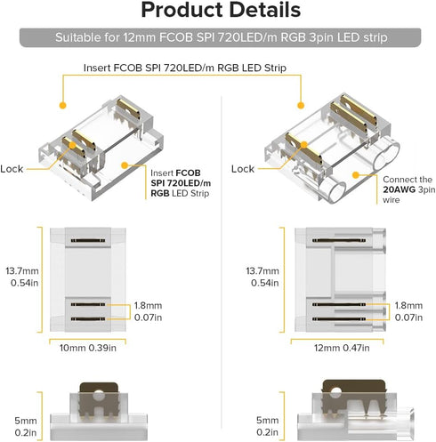 BTF-LIGHTING 3Pin 12mm Width Transparent Connector Kit 8pcs Strip to Strip Connector 8 Pairs of Wire to Strip Connectors Only Support FCOB SPI WS2...