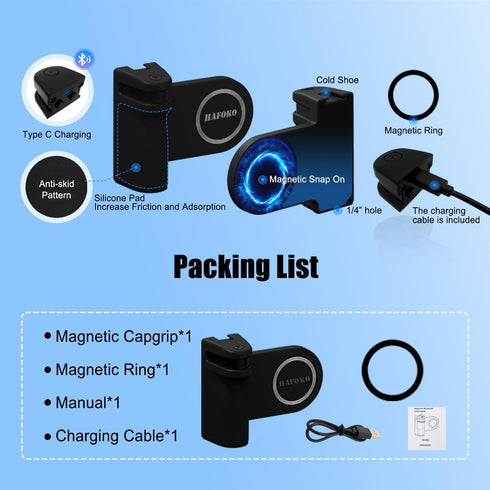 Magnetic Smartphone CapGrip Camera Cell Phone Selfie Shutter Grip Tripod Mount w 1/4" Cold Shoe with Detachable Bluetooth Wireless Remote Control ...