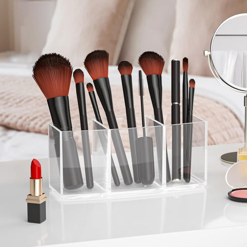 Makeup Brush Holder Organizer Clear Cosmetic Brushes Container Storage 3 Slots, Desk Storage for Lipstick Eyeshadow Pen, Skincare Cosmetic Display...