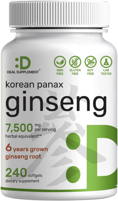 Korean Red Panax Ginseng Root Extract, 7,500mg Per Serving, 240 Softgels – 150mg Active Ginsenosides, 5:1 Max Strength Extract – Energy & Immune H...