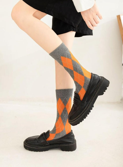 Argyle Socks Retro High Ankle Women 5 Pairs British Style Cute Plaid Mid-calf Casual Crew Socks...