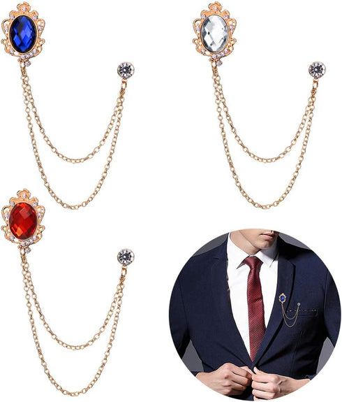 Huture 3 Packs Men's Gem Brooch Lapel Pin Badge Hanging Chains Collar Brooches Pin for Career Suit Tuxedo of Shirts Tie Hat Scarf for Boyfriend Fa...