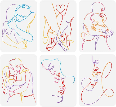 FINGERINSPIRE 6PCS Abstract Couple Line Stencils for Painting 8.3x11.7inch Reusable Men Women Couples Painting Stencils Large Face Hand Heart Patt...