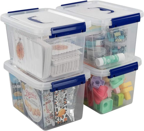 Ggbin 4 Pack 6 Quart Latching Storage Box, Small Lidded Storage Container Bin with Handle, Clear...
