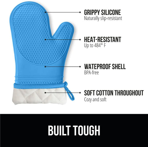 Gorilla Grip Heat and Slip Resistant Silicone Oven Mitts Set, 14.5 in, Soft Cotton Lining, Waterproof, BPA-Free, Extra Long Thick Gloves for Cooki...