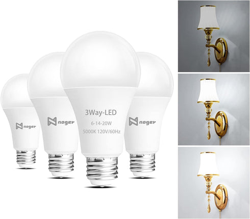 Noger 3-Way Led Light Bulbs A21 ?4 Pack?, 50 100 150W Equivalent, 5000K Daylight, 3 Way E26 Light Bulbs for Reading, 500-1600-2200LM...