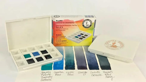 Daniel Smith Hand Poured Watercolor, Half Pans, Blues Set with 6 Watercolor Half Pans, 9 Empty Half Pans, 1 Plastic Travel Case (Total 16 Pieces) ...