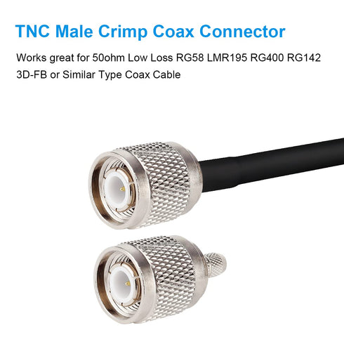 TNC Male Connector 10PCS, TNC Male Plug Crimp Connector for RG58/RG142/RG400/LMR195/KSR195/3D-FB Cable...