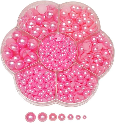 Chenkou Craft Random 1900pcs Fuschia Assorted 7 Sizes(3/4/5/6/7/8/10mm) Half Pearl Bead Flat Back Gem Scrapbook Craft DIY Loose Beads + Plastic Bo...
