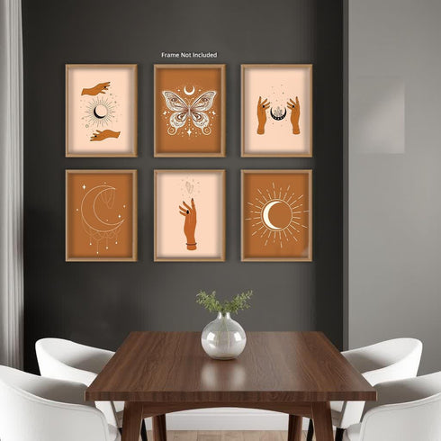 Posterizer 6 pcs-Neutral Astrology Sun and Moon Spiritual Boho Print-Astrology Zodiac Art-Abstract Modern -Gift for Street Art, Mural Fans-Decor f...