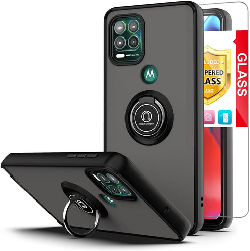 TJS Compatible with Motorola Moto G Stylus 5G 2021 Case, with Tempered Glass Screen Protector, Metal Ring Magnetic Support Kickstand Heavy Duty Dr...