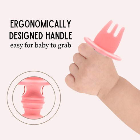 Silicone Baby Spoon and Fork Set with Custom Travel Case, Self Feeding, BPA Free, Anti-Choke (Pink)...