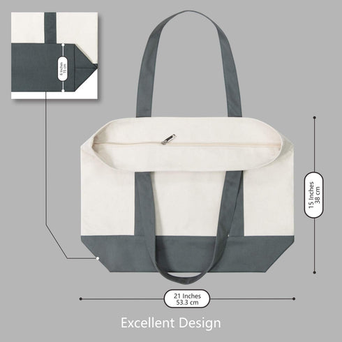 TOPDesign 1-Pack Canvas Tote Bag with an External Pocket, Reusable Grocery Shopping Bag, Top Zipper Closure, Daily Essentials (Grey/Natural)...