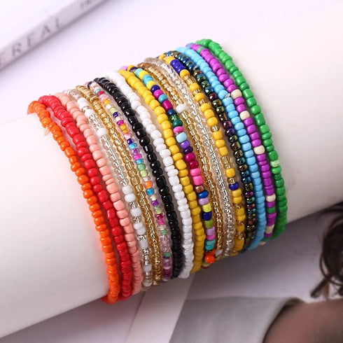 17pcs Bohemian Stackable Multilayer Elastic Bracelets - Handmade Seed Beaded Jewelry for Women & Girls...