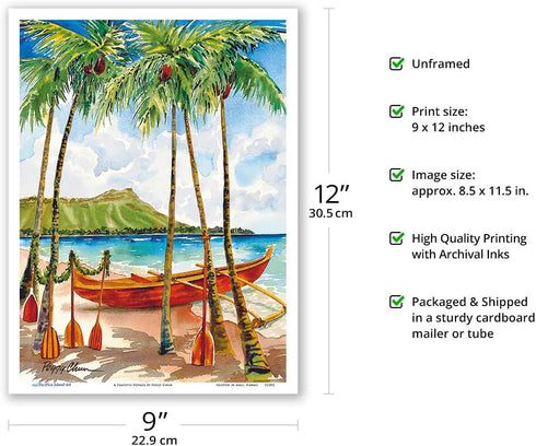 A Peaceful Voyage - Hawaiian Canoe (Wa‘a) - Diamond Head Crater - From an Original Watercolor Painting by Peggy Chun - Master Art Print (Unframed)...