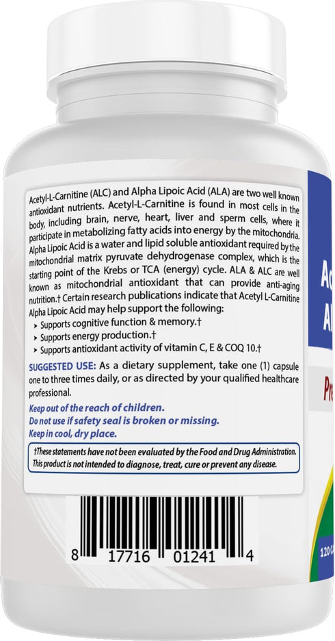 Best Naturals Acetyl L-Carnitine and Alpha Lipoic Acid 750 mg 120 Capsules...