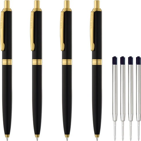 4 Pack Ballpoint Pens, Premium Retractable Metal Ballpoint Pen, Matte Black with Gold Trim, Medium Point 1.0mm Black Ink Pen for Home School Work ...