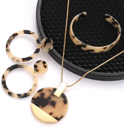 ARATLENCH Leopard Earrings Necklace Bracelet for Women Acrylic Circle Hoop Dangle Earring Long Disc Pendant Necklace Open Cuff Bangle Resin Cheeta...