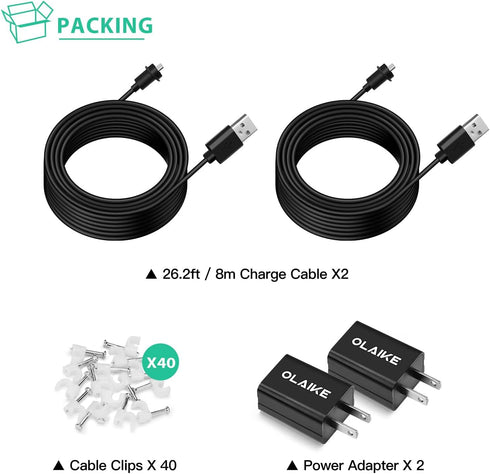 OLAIKE 2Pack 26ft/8m Weatherproof Power Micro USB Cable with Charger Adapter for Blink Outdoor Indoor 3rd Gen Camera & Blink XT/XT2, Long Cord Pow...