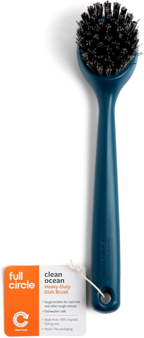 Full Circle Clean Ocean Heavy Duty Dish Brush, Cast Iron Brush with Handle, Tough Bristles, Ergonomic Grip, Long Handle, Built-in Scraper. Made Ou...
