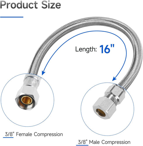 JUWO 16" Faucet Supply Line Extension, 3/8" x 3/8" Comp Stainless Steel Faucet Extension Hose Connector, For Large Sink or Longer Distance Extenti...
