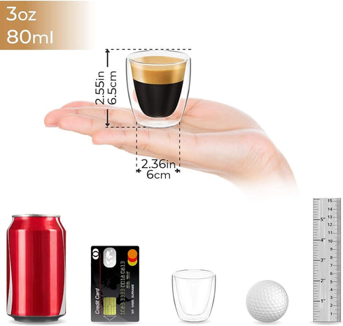DLux Espresso Coffee Cups 3oz, Double Wall, Clear Glass set of 4 Glasses, Insulated Borosilicate Glassware Tea Cup...