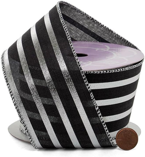 2 1/2" X 10 Yards Silver & Black Striped Metallic Wired Ribbon...