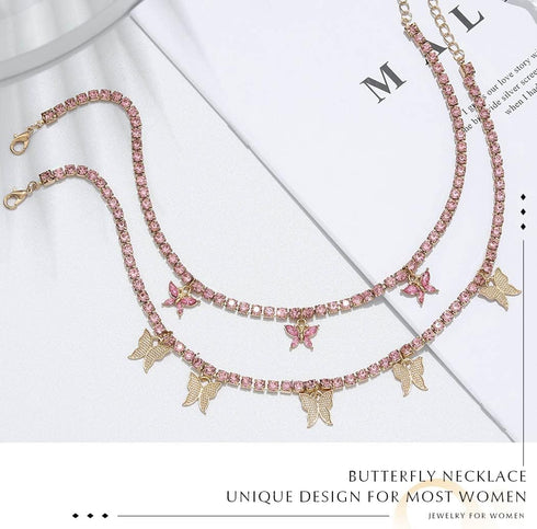 Rhinestone Butterfly Choker Necklaces Pink Sparkly Crystal Pendant Necklace Party Prom Necklace Jewelry for Women...
