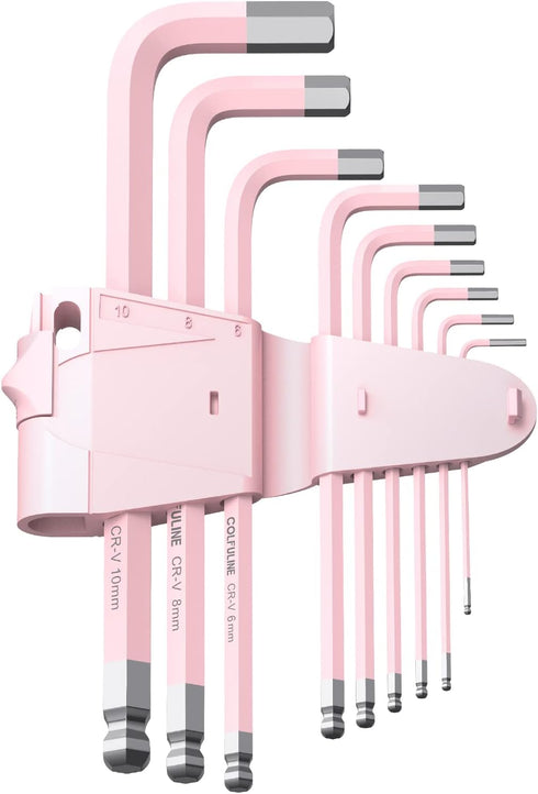 COLFULINE 9 PCS PINK Allen Key Set, Long Ball End Hex Key Set, Cr-V Allen Wrench Set for Women, Size 1.5-10mm with Colour-Coding for Best Gifts an...