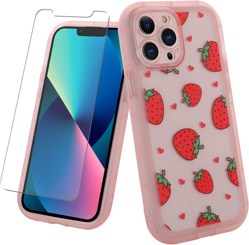MZELQ Compatible with iPhone 13 Pro Case Pink Strawberry Cute Pattern, Soft TPU Cute Camera Protector iPhone 13 Pro Case for Girls Women + 1* Scre...