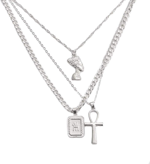 HUJUON 3-Layer Nefertiti Pharaoh Necklace. Punk Gold Egyptian Queen Cross Pendant Necklace,Hip Hop African Women Men Girl's Jewelry...