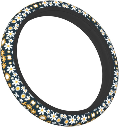 Daisy Flowers Car Steering Wheel Cover, White and Yellow Daisy Print Auto Steering Wheel Cover for Women, Anti-Slip Universal Fit 14.5-15 inch Car...