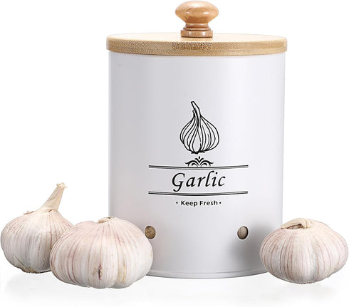 OwnMy White Garlic Keeper with Wooden Lid, Metal Garlic Storage Container for Counter, Large Garlic Keeper Garlic Saver Garlic Container for Kitch...