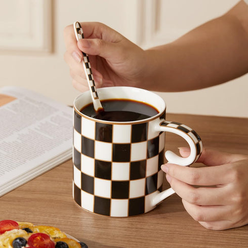 Porlien Checker Porcelain 18-ounce Mug Set of 2 with Teaspoon, Coffee Mugs Tea Cups...