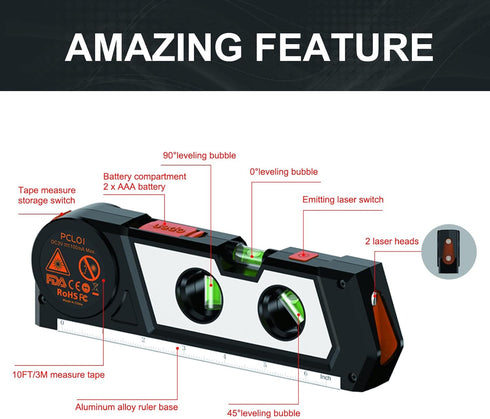 Laser Level Line Tool, 4 in 1 Multipurpose Standard Cross Line Laser Level, 10ft/3M Measure Tape Ruler, 3 Mode Laser Line,3 leveling bubble and Ru...
