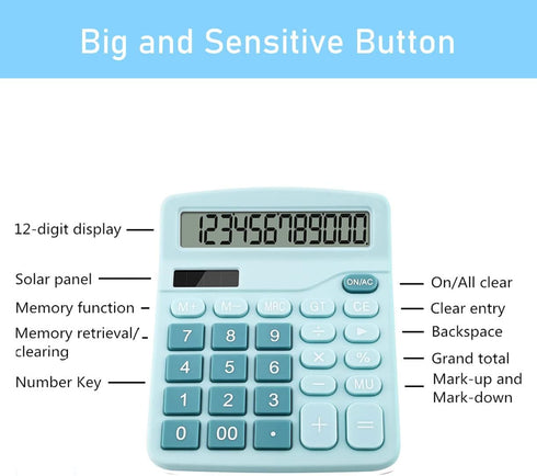 Office Calculators Desktop, 12-Digit Dual Power Cute Calculator with Large LCD Display Big Button for Office Home and School (Blue)...