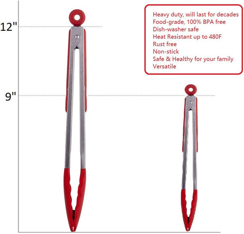 Kitchen Tongs Set of 2 – 9 inch & 12 inch – Stainless Steel Food Tongs with Silicone Tips – Premium Locking Non-stick Tongs for Cooking, BBQ, Gril...