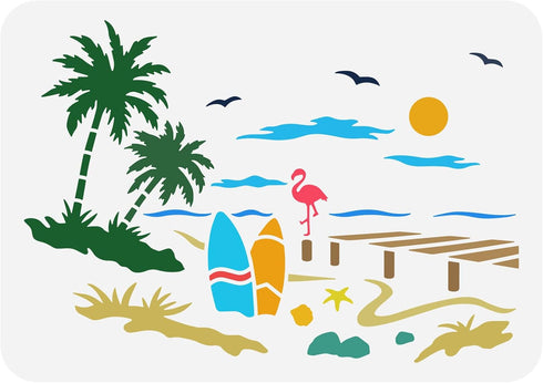 FINGERINSPIRE Beach Scenery Stencil 8.3x11.7 inch Ocean Beach Stencil Template Plastic Coconut Trees Seagulls Flamingo Shells Pattern Painting Ste...