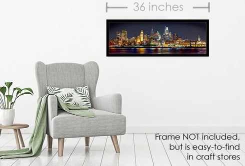 PHOTOSBYJON Philadelphia Skyline UNFRAMED Photo Print Night from East Color Philly City Downtown 11.75 inches x 36 inches Photographic Panorama Pr...