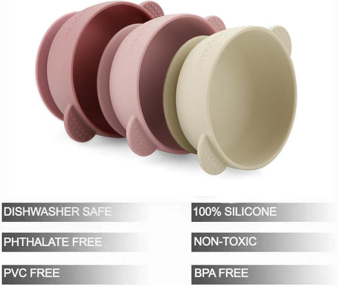 PandaEar 3 Pack Baby Bowls with Suction| Stay Put Silicone Food Bowl for Babies Kids Toddlers Infants| Food Grade Soft Safe BPA-Free Silicone (Pin...