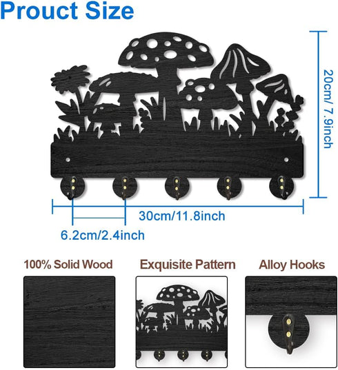 Mushroom Wall Mounted Coat Rack Wildflower Meadow Wood Key Hooks for Wall 11.8×7.9inch Black Key Holder Hanger Wall Art Decor with 5 Alloy Hooks f...