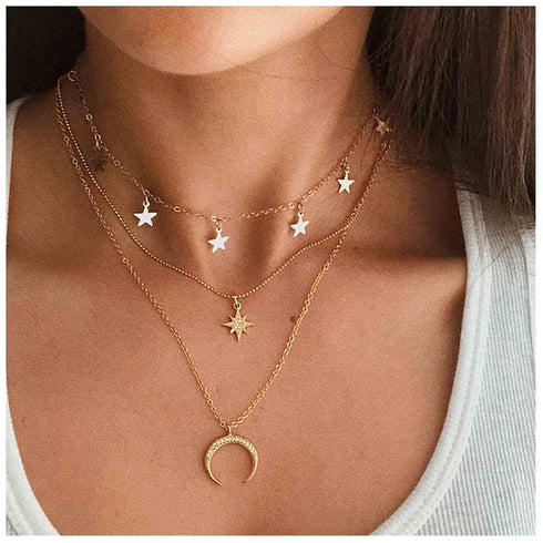 Boho Layered Star Necklace Choker Gold Crescent Moon Pendant Necklace Rhinestone North Star Necklace CZ Star Charm Festival Celestial Necklace Jew...