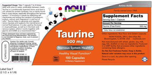 NOW Taurine 500mg, 100 Capsules (Pack of 3)...