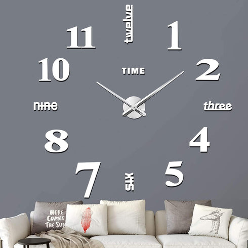 VREAONE Frameless DIY Wall Clock,Large Modern 3D Mirror Wall Clock Decor Sticker Clock kit for Home Living Room Bedroom Office Wall Decorations(Si...